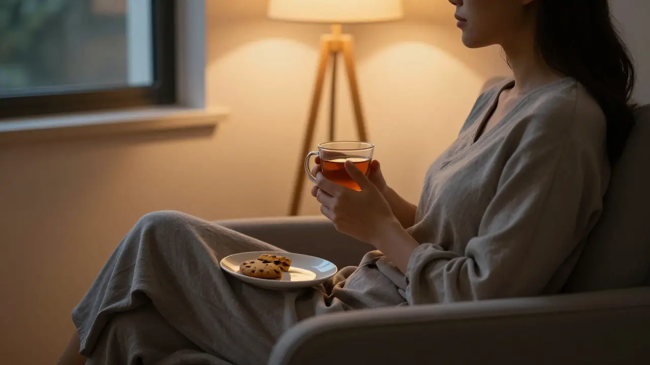 Uvolněná osoba odpočívá v křesle večer s čajem a suenkou
