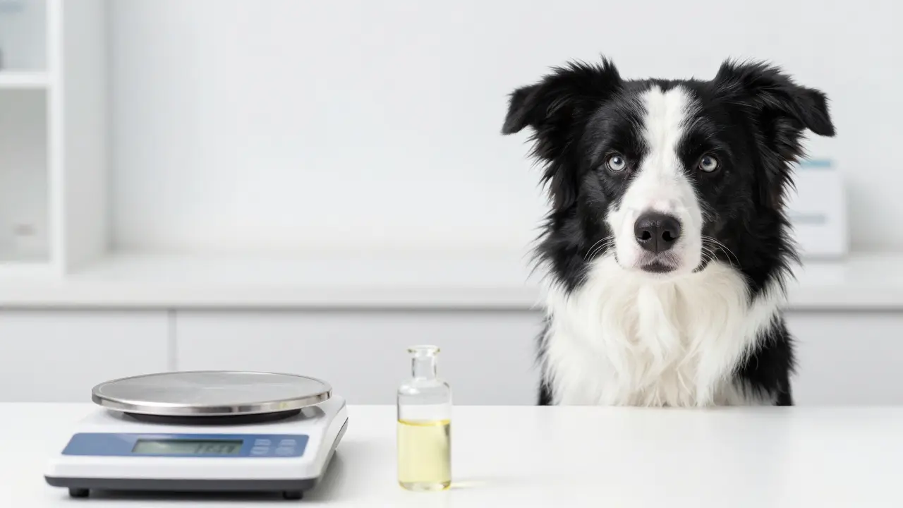 Veterinární stůl s pipetou a váhou, pes sedí v pozadí