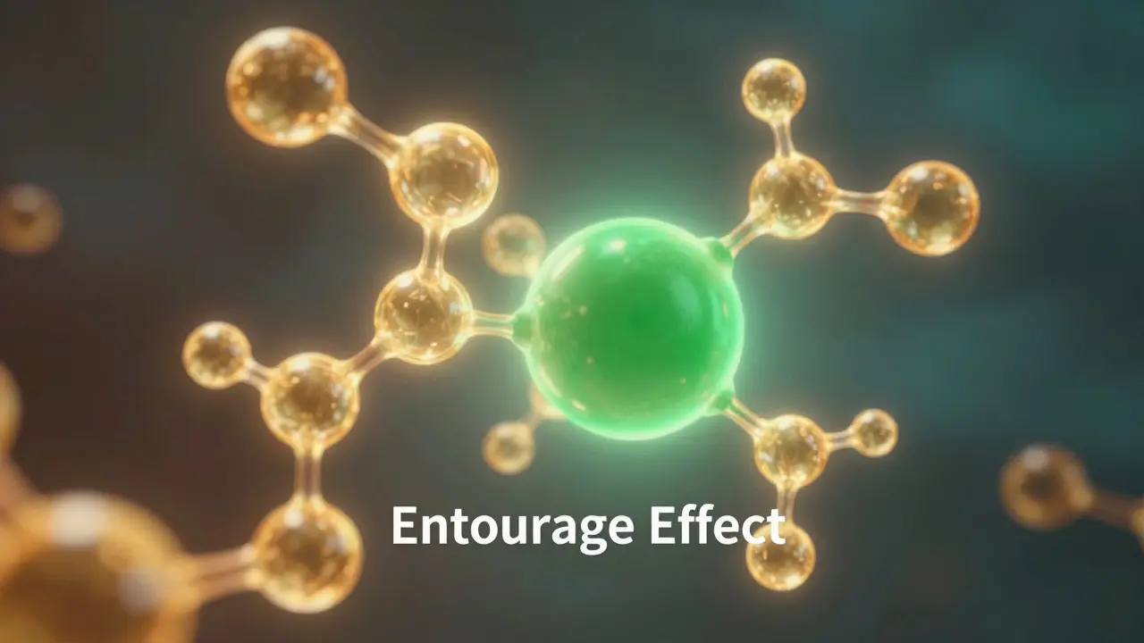 Abstraktní ilustrace entourage efektu s molekulami CBD a terpenů