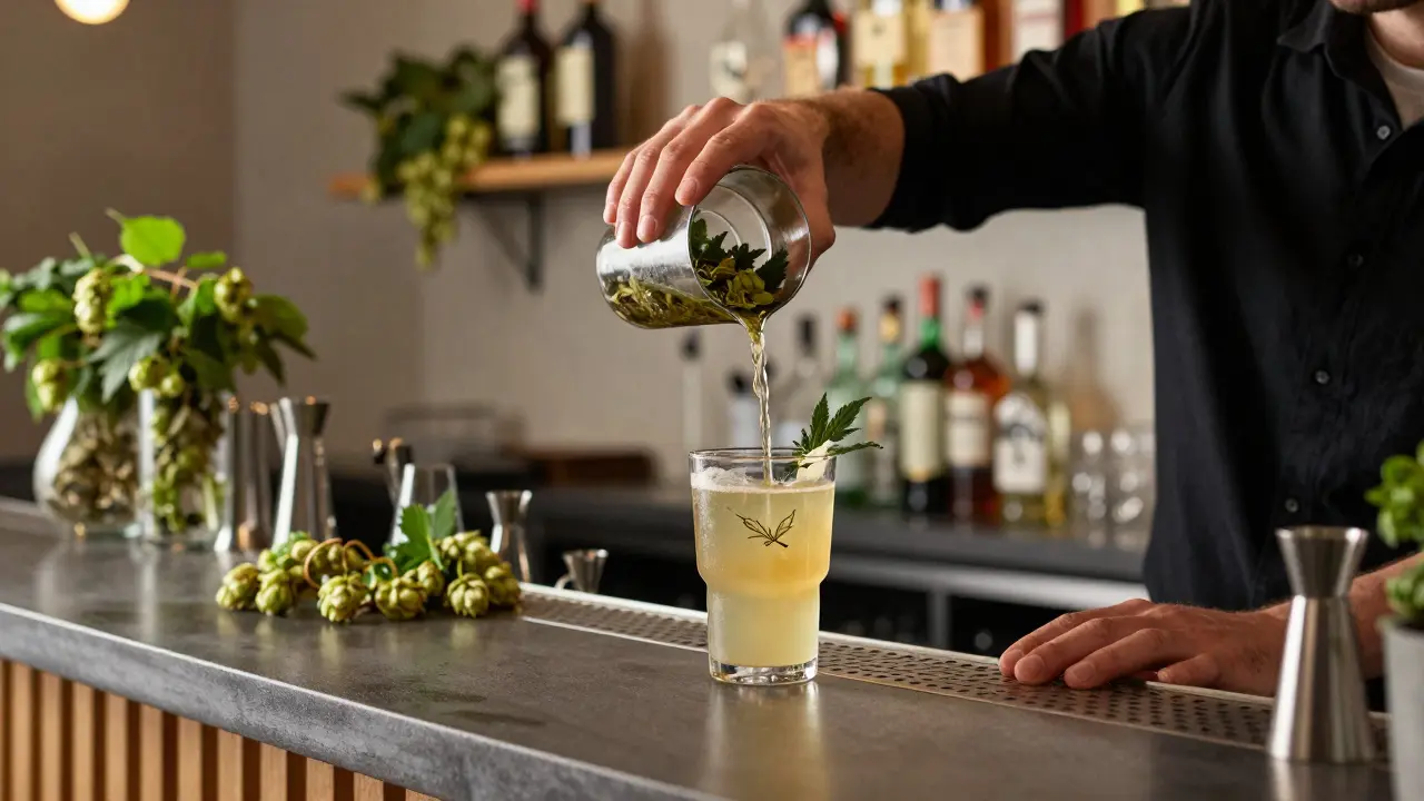 Barman nalévá konopný nápoj ve stylovém baru s bylinkami na pozadí