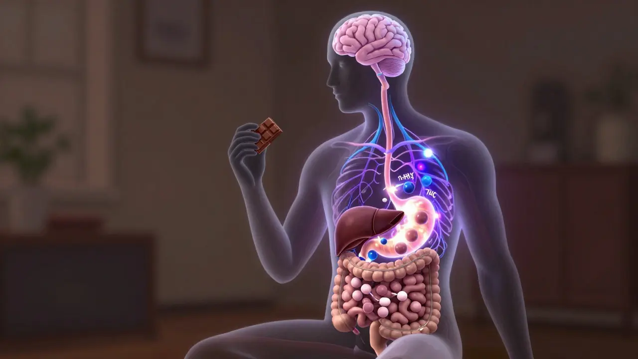 Ilustrace metabolismu THC v těle, přeměna v játrech na silnější metabolit.
