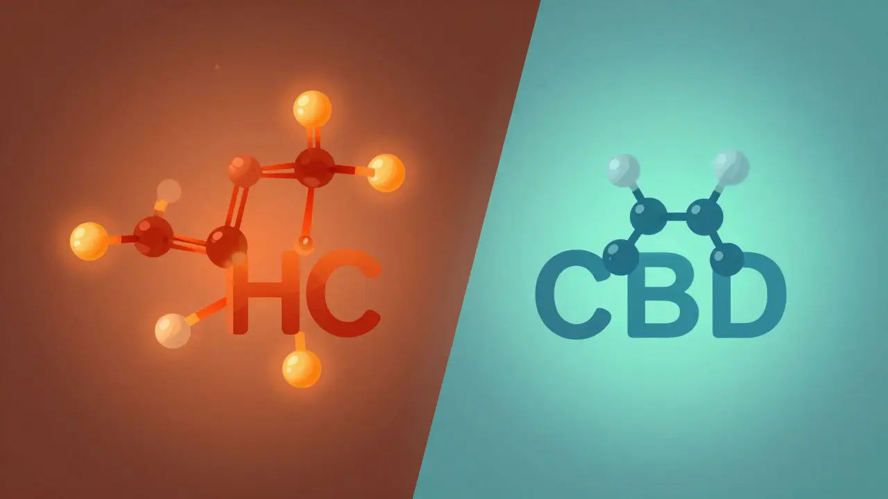Ilustrace molekul THC a CBD ukazující rozdíl v účincích