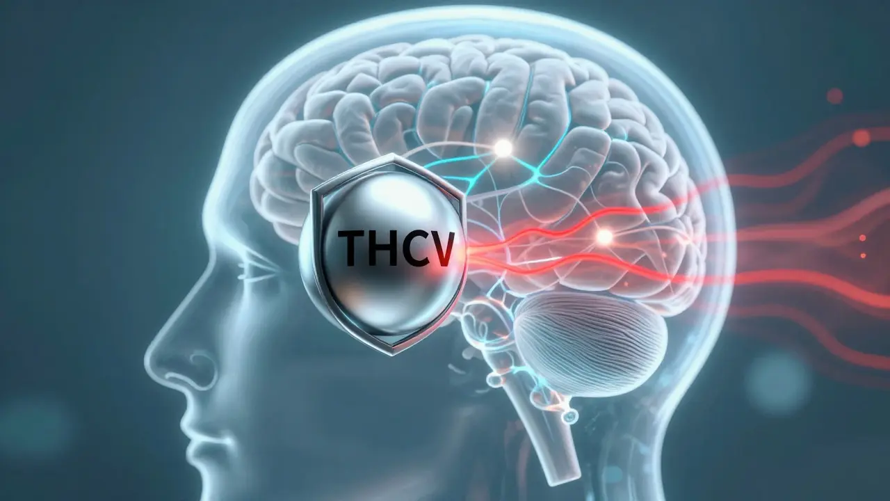 Konceptuální ilustrace blokování receptorů kanabinoidem THCV v mozku