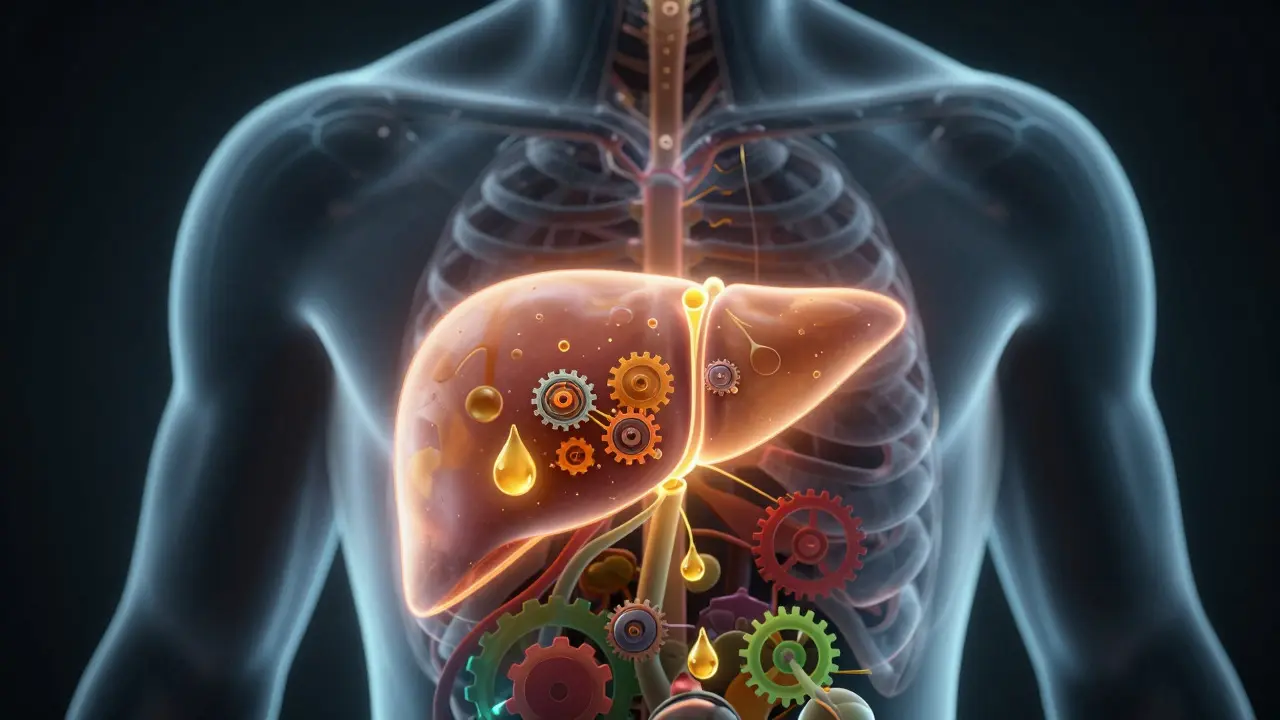 Konceptuální ilustrace metabolismu CBD v játrech a enzymatické zátěže.