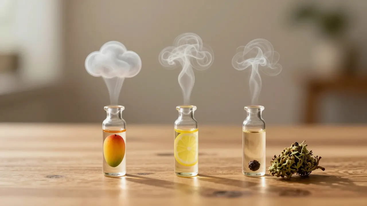 Konceptuální zobrazení terpenů jako mangy, citronu a pepře vedle CBD květu.