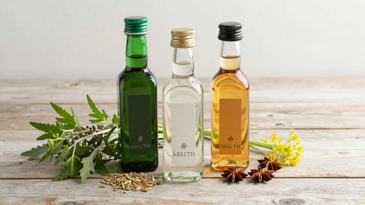 Lahev absintu s čerstvými bylinkami na dřevěném stole
