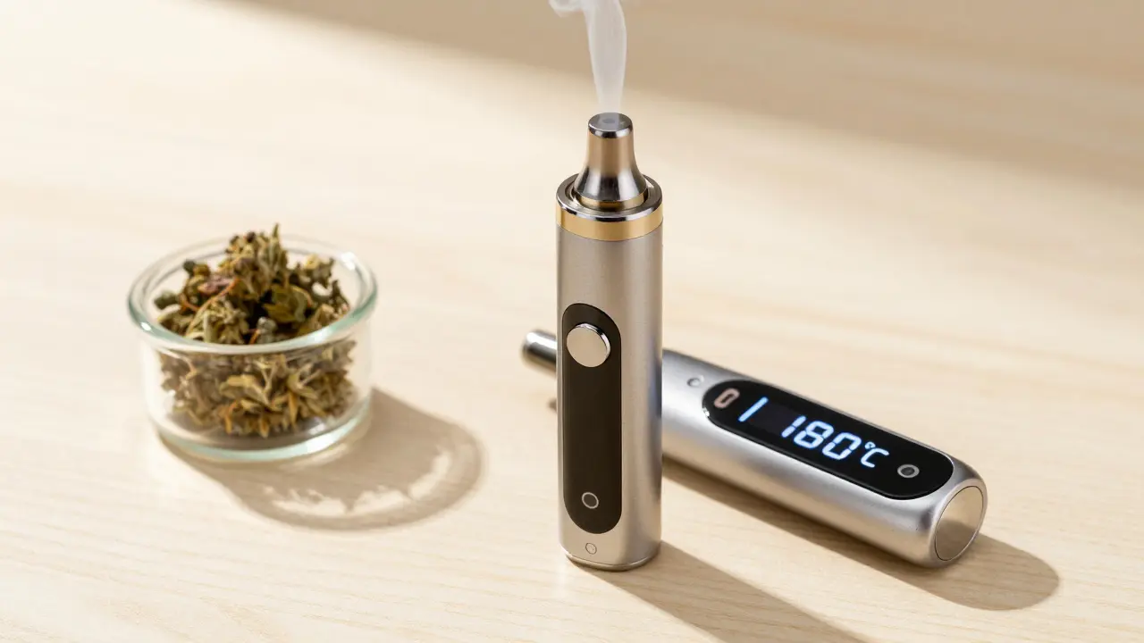 Moderní vaporizér nastavený na 180 °C vedle sklenice s CBD květy