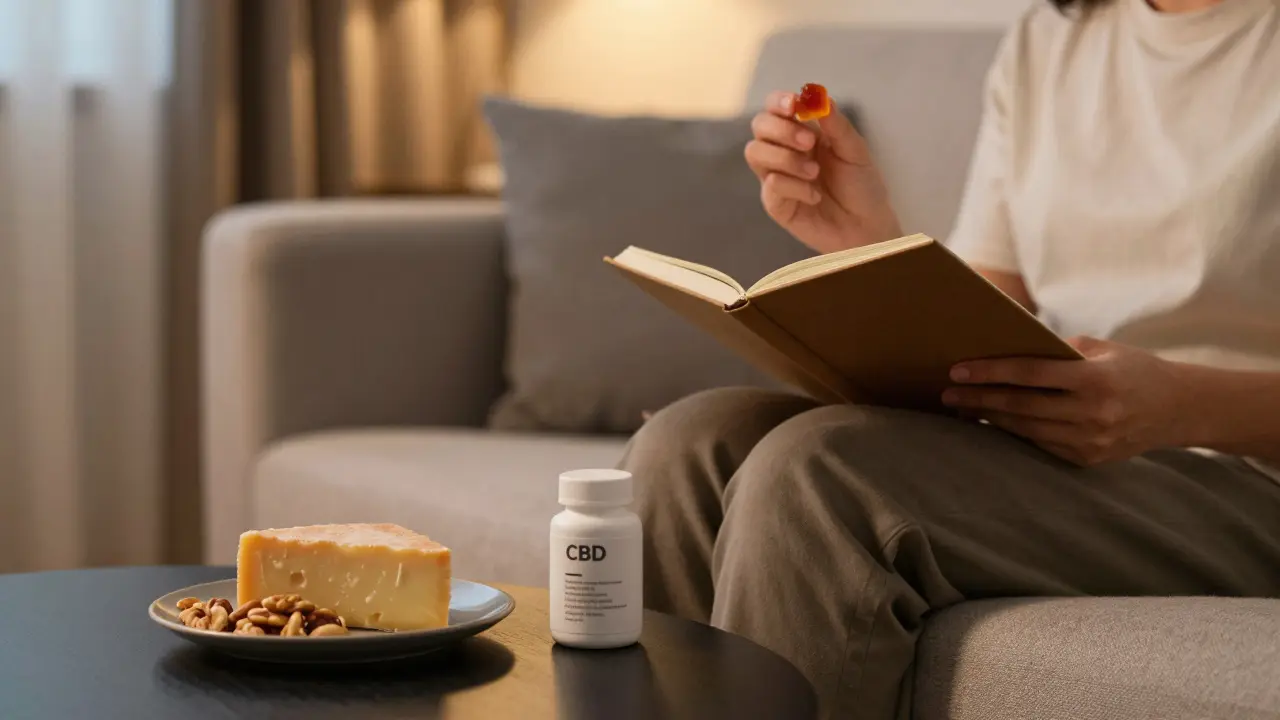 Osoba relaxující večer s CBD gumou a deníkem