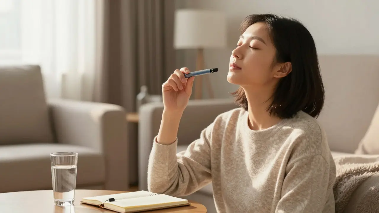 Osoba v klidné atmosféře používá CBD vape s důrazem na relaxaci