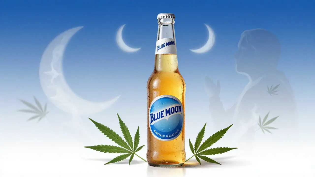 Pivo Blue Moon obklopené mizícími siluety konopí a měsíce