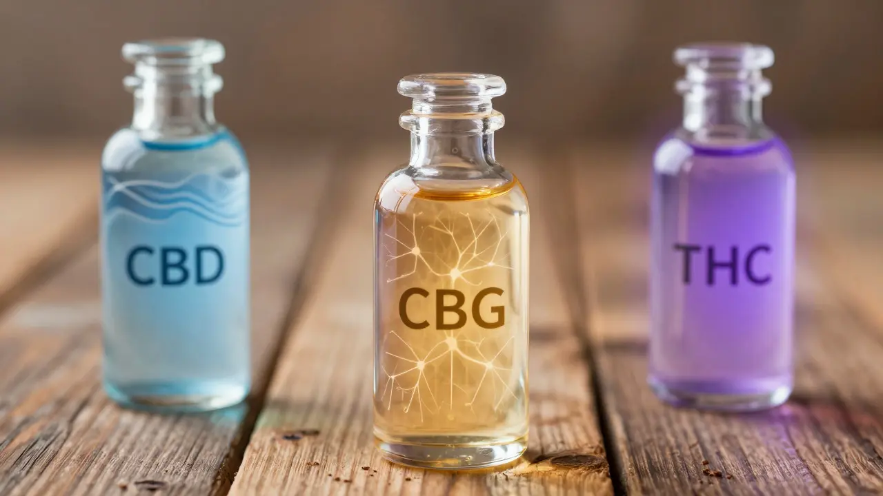 Srovnání lahví s kanabinoidy CBD, CBG a THC na dřevěném stole