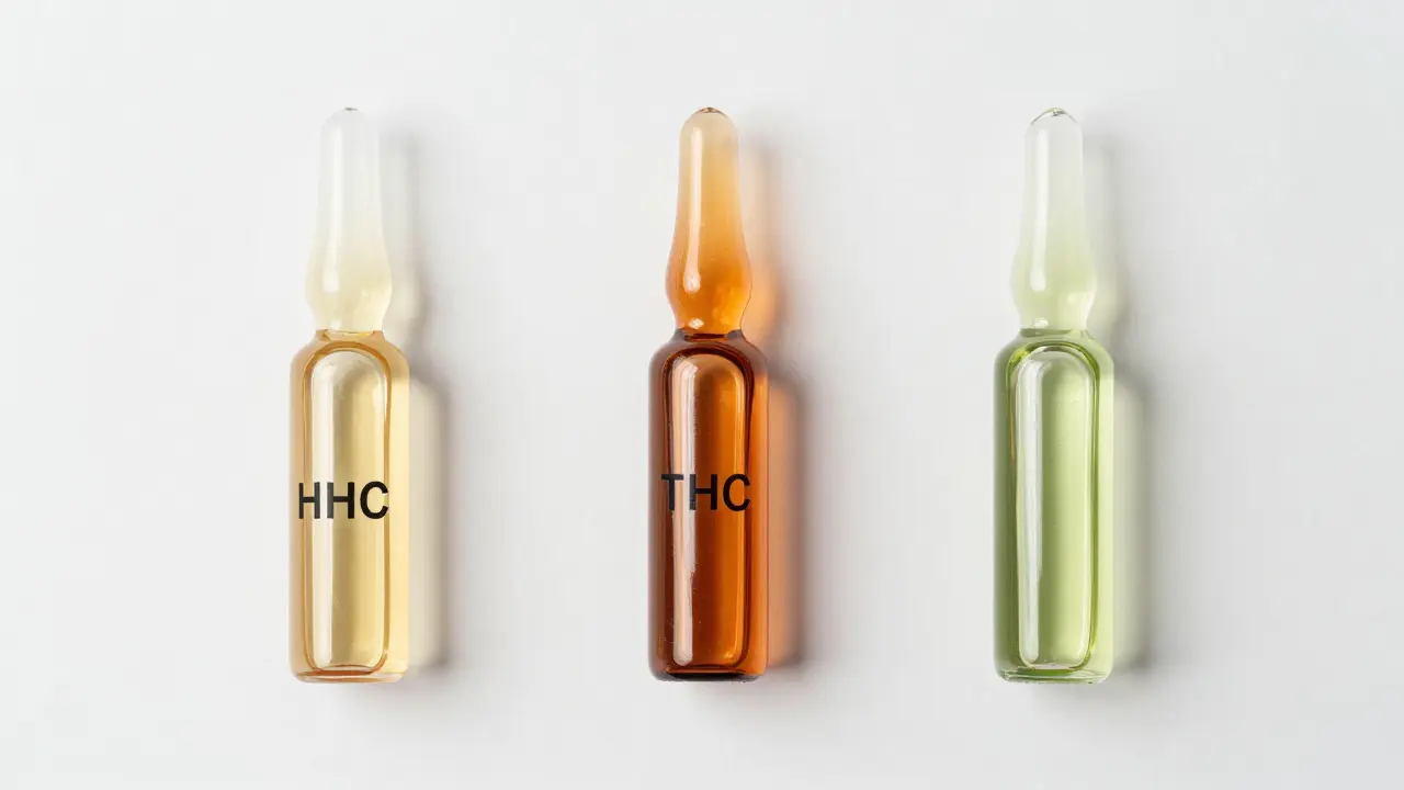 Tři skleněné lahvičky s oleji různých barev: žlutá, oranžová a zelená.