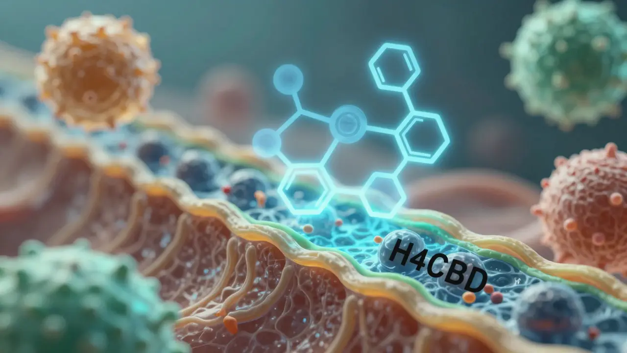 Abstraktní ilustrace molekulární struktury H4CBD pronikajícího do buněčné membrány s terpeny