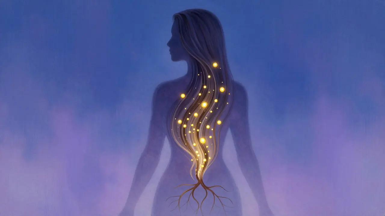 Abstraktní ilustrace vlasů přecházejících do kořenů s živinami
