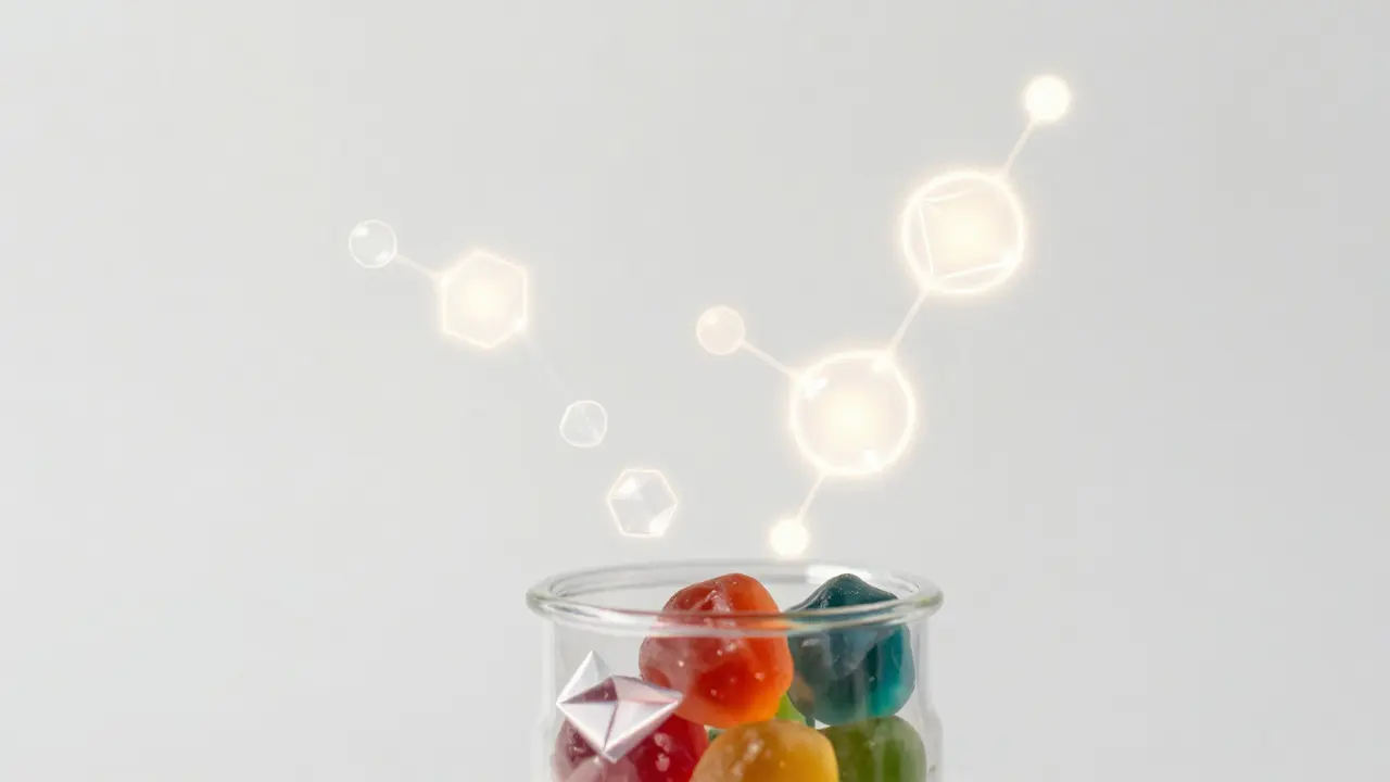 Abstraktní vizualizace molekul pachu vystupujících z balení gummy
