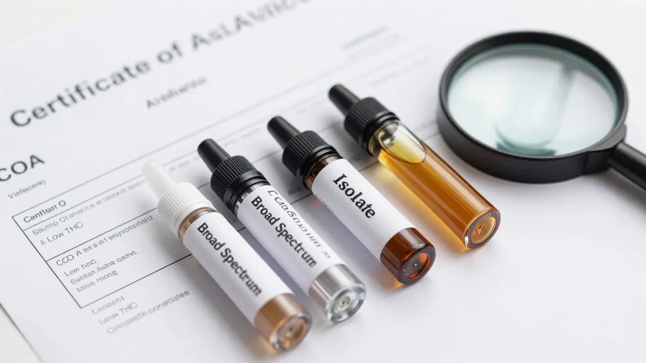 CBD náplně a certifikát analýzy na bílém povrchu pro ověření
