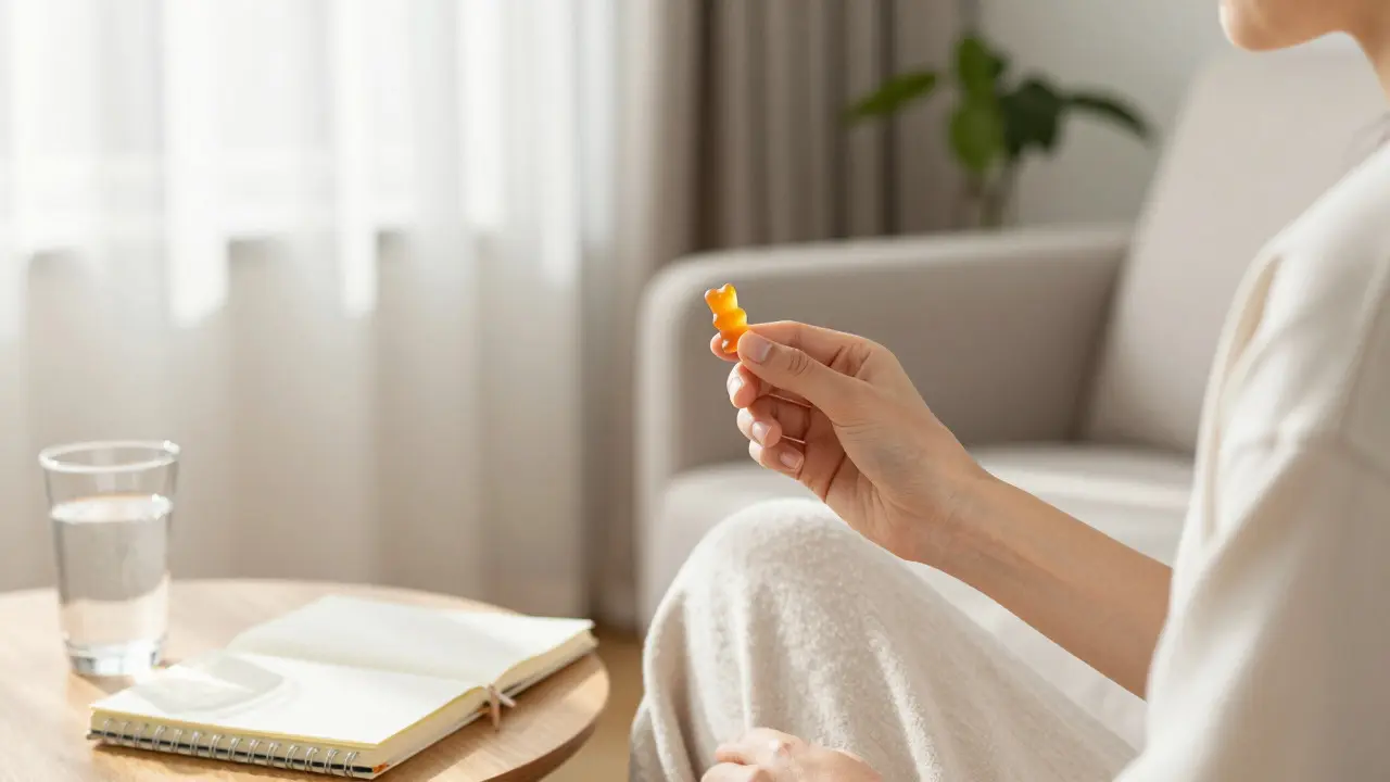 Člověk v klidném prostředí s jedním CBD gummy medvědem