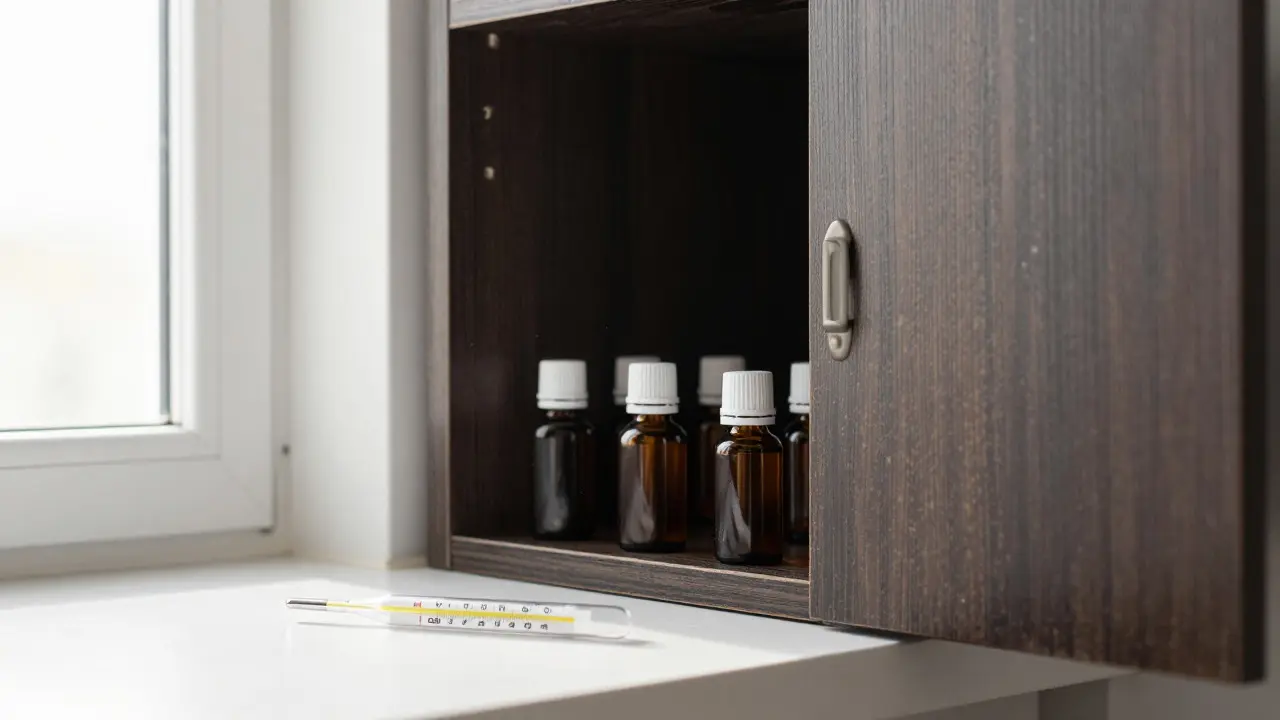 Dark cabinet storing amber bottles away from sunlight and heat