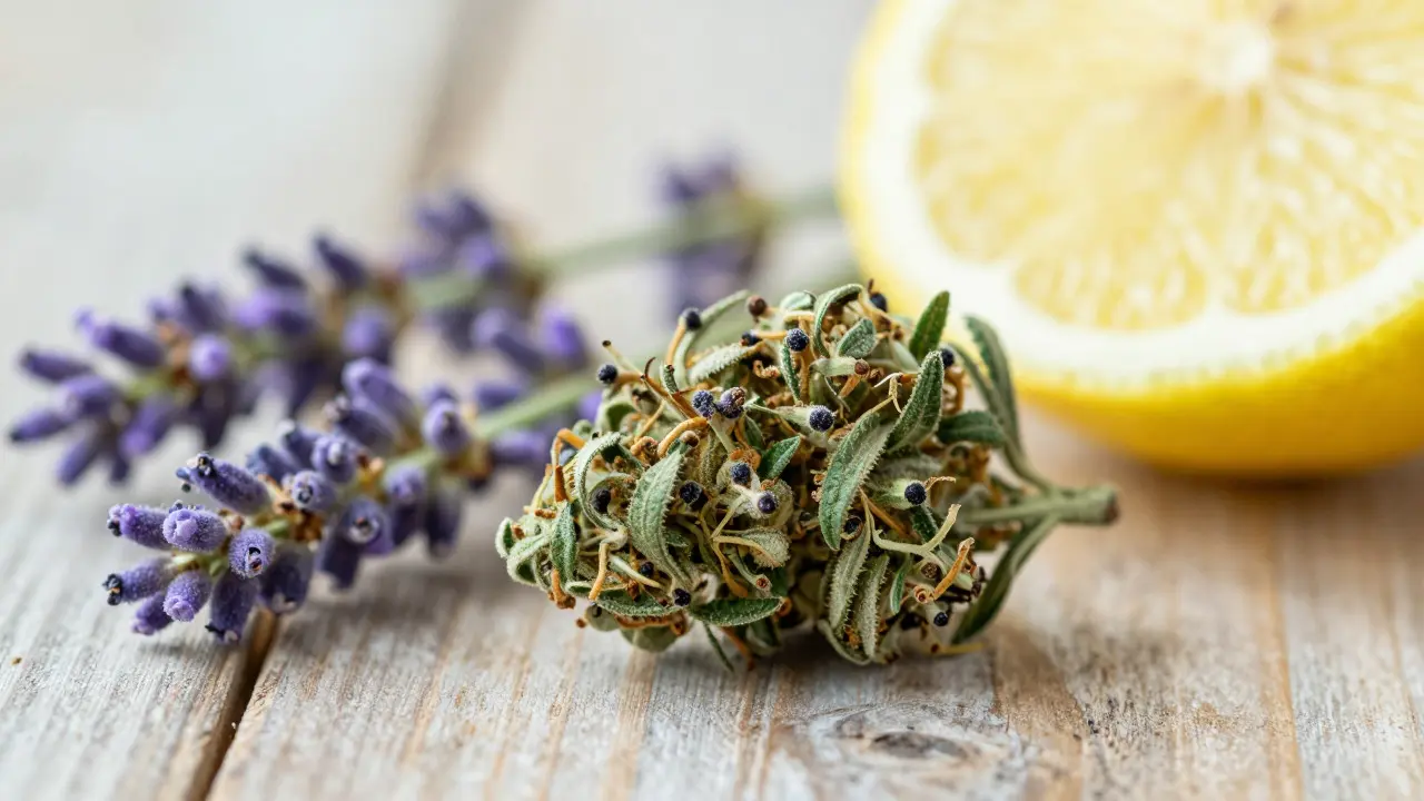 Detailní záběr konopné květy vedle levandule a citronu symbolizující terpény