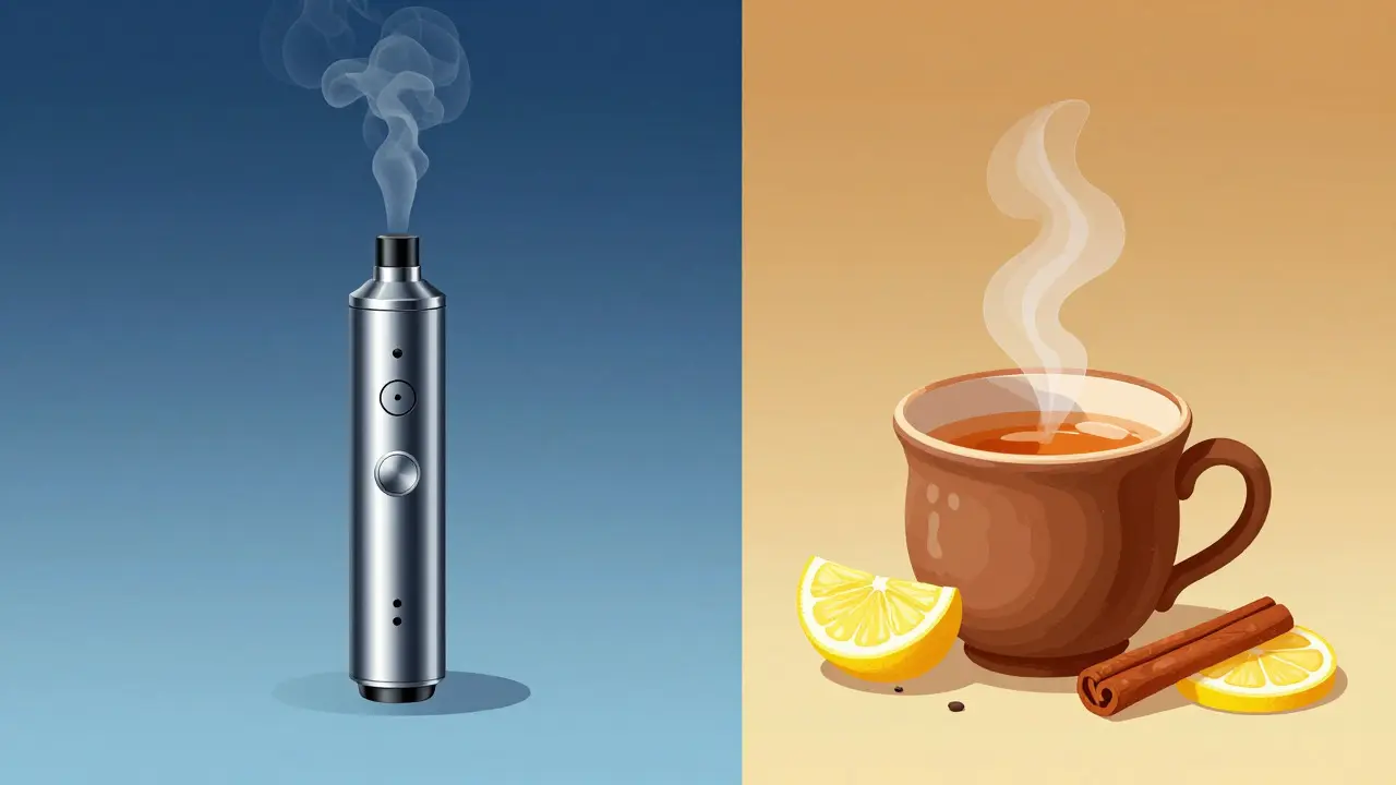Kontrastní ilustrace vaporizéru a hrnku bylinkového čaje