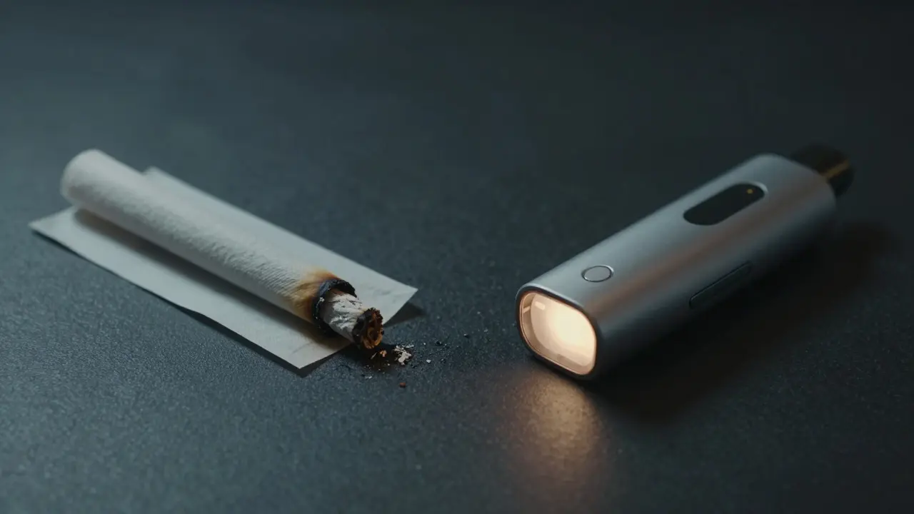 Kouření vs. vaping: spálený papírek vedle moderního vaporizéru