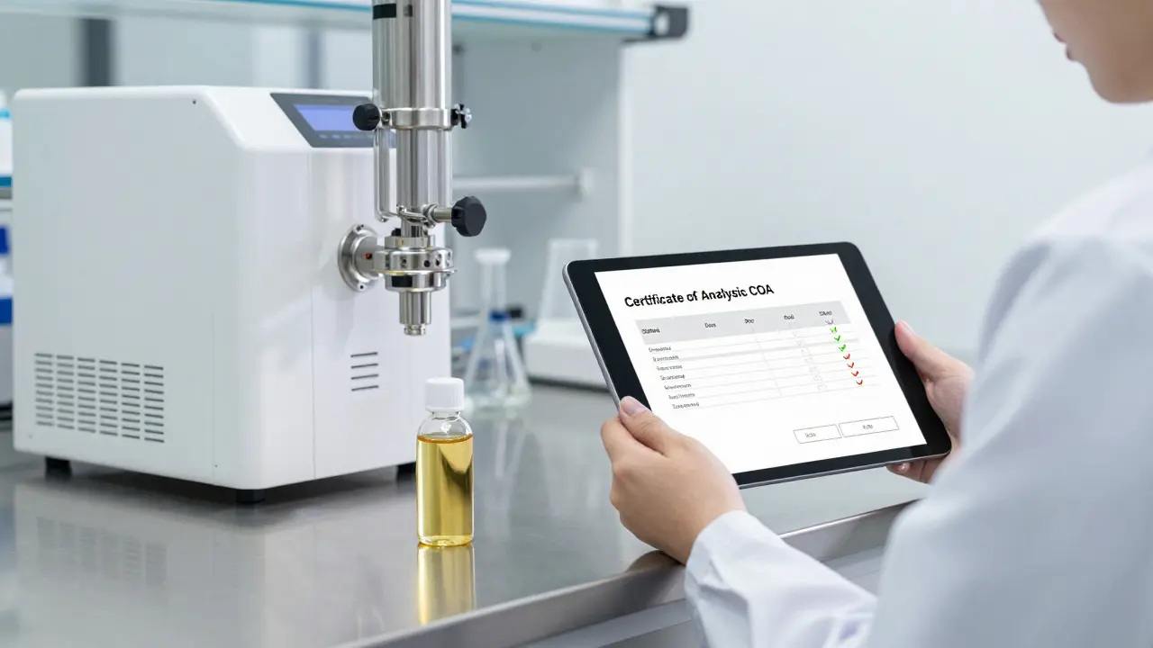 Laboratoř s certifikátem analýzy a lahví čistého CBD oleje