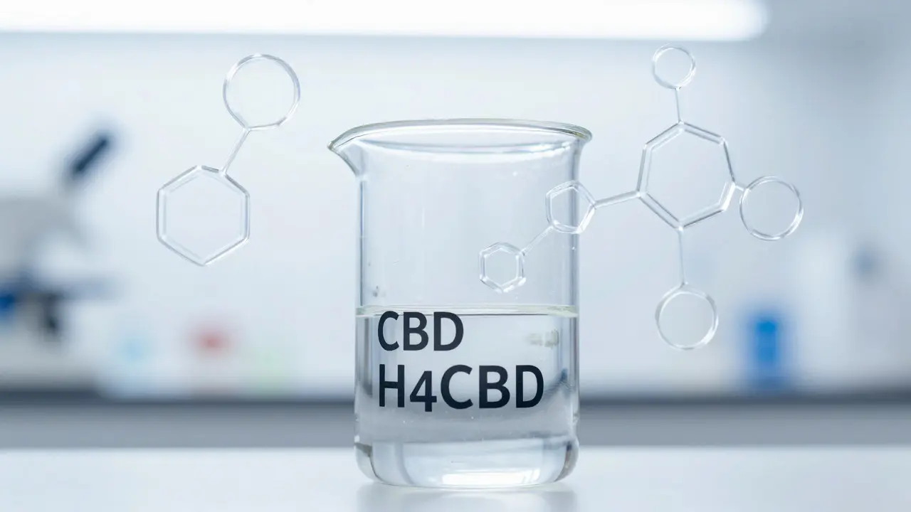 Laboratorní scéna znázorňující chemickou přeměnu CBD na H4CBD