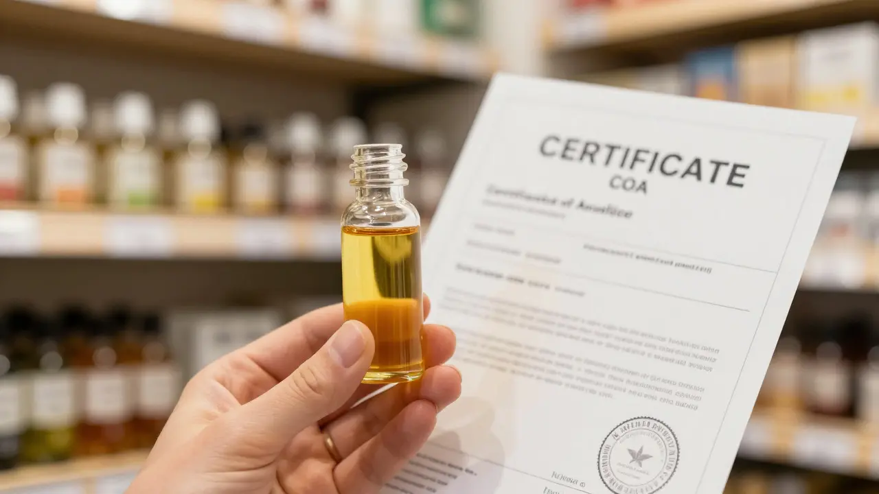 Láhev s olejem a certifikát kvality na pultu prodejny