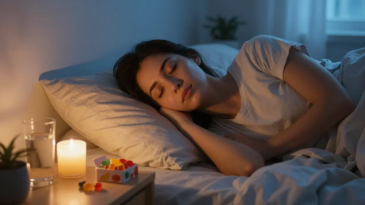 Osoba ležící v posteli při večerním relaxaci s krabičkou gummies na stole