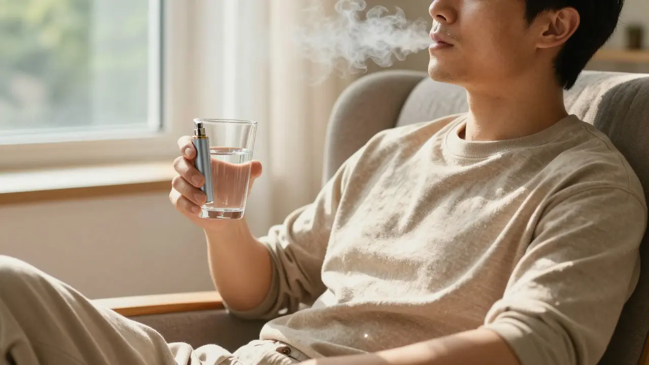 Relaxovaná osoba držící vodu a vape zařízení v slunném obýváku