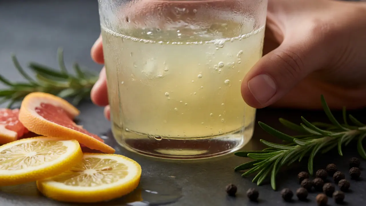 Sklenice světlého nápoje obklopená plátky citrusů, bylinkami a pepřem na tmavém povrchu.