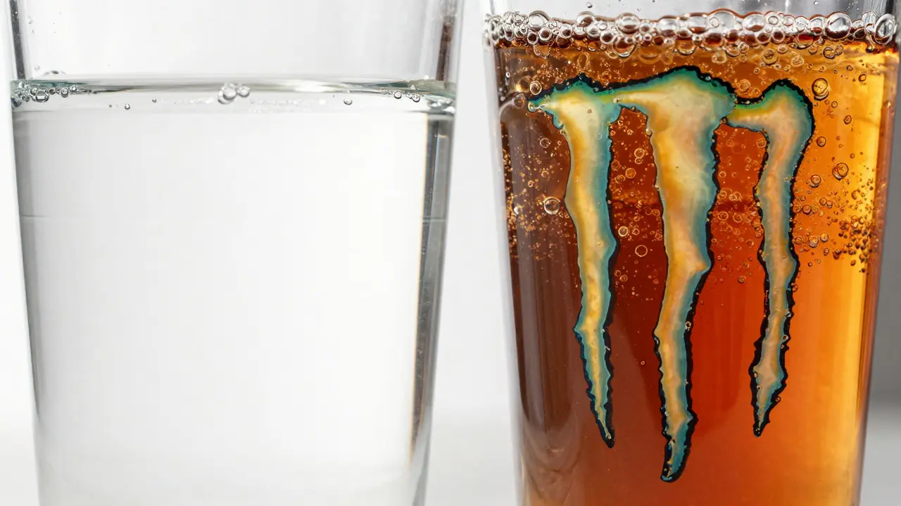 Srovnání čistého CBD nápoje a sladkého energetického drinku s kofeinem