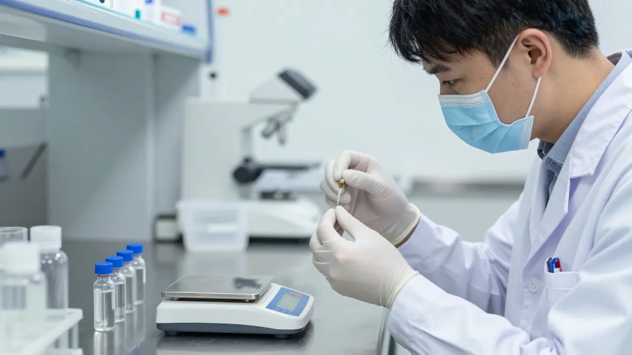 Vědec v laboratoři kontroluje kvalitu extraktu z konopí pro dodržení norem