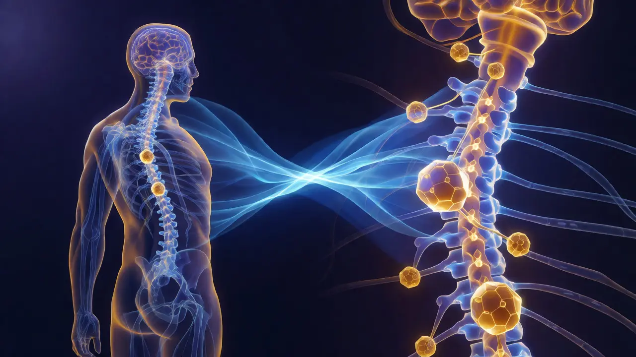 Abstract visualization of CBN molecules interacting with the human endocannabinoid system.