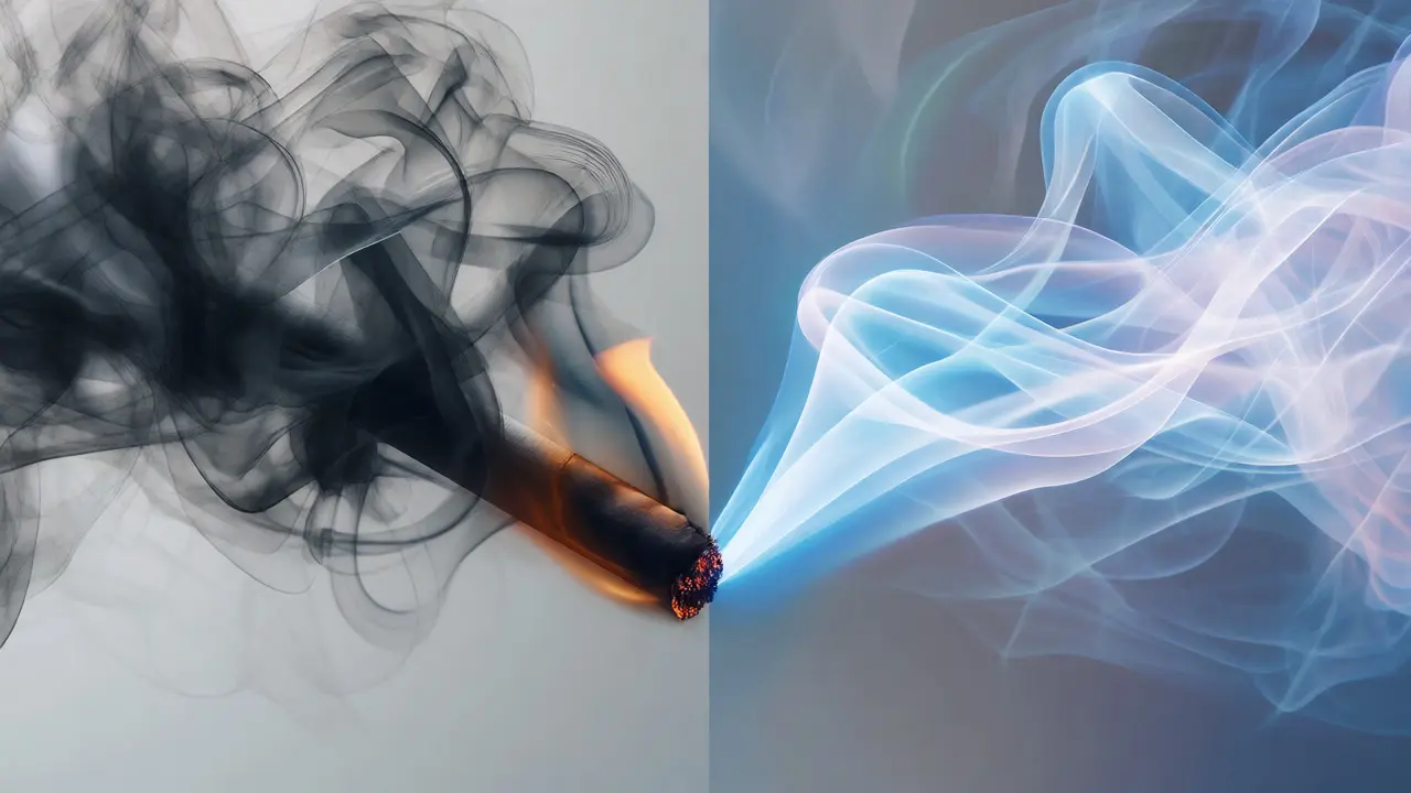 Abstraktní rozdělení mezi temným kouřem cigarety a čistou párou CBD.