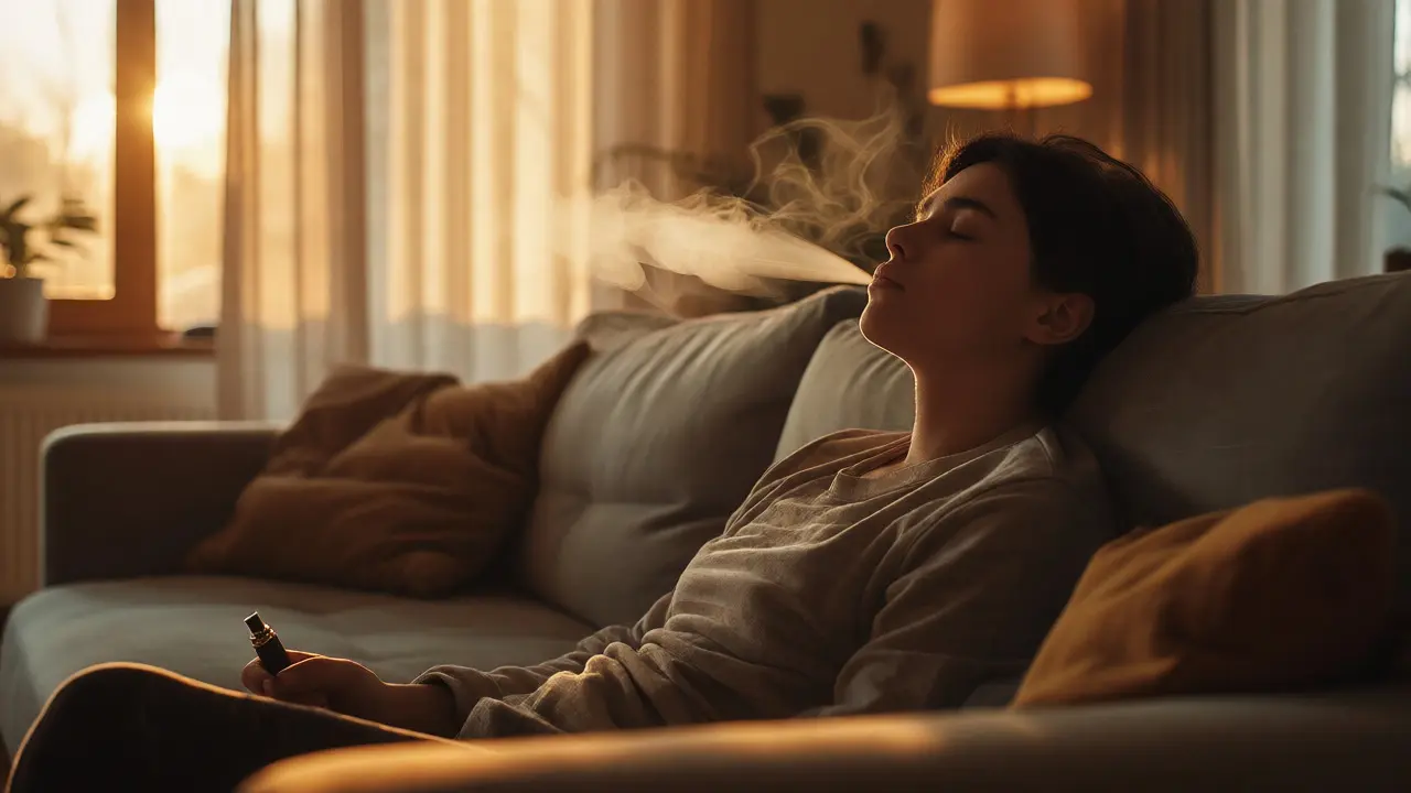 Člověk v pohodě vydechuje páru z CBD vape v slunném obýváku.