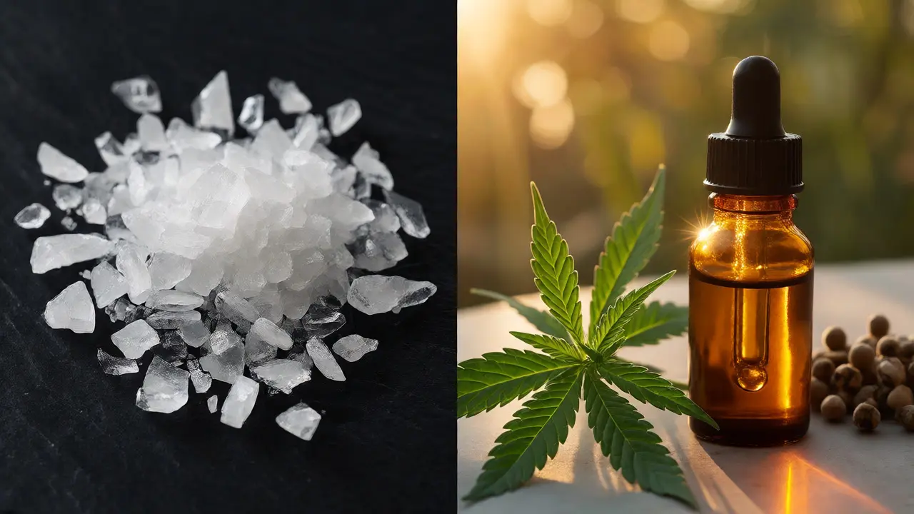 Comparison of white CBD crystals and amber full-spectrum oil with hemp leaves.