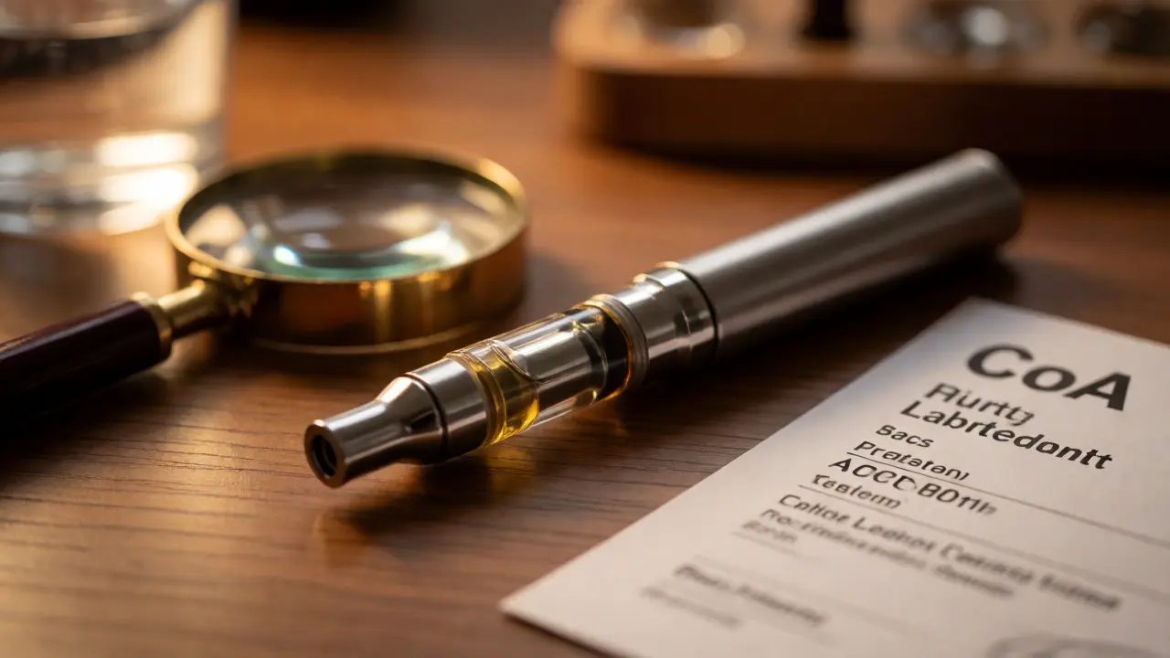 Detailní pohled na CBD vape pero s certifikátem na stole.