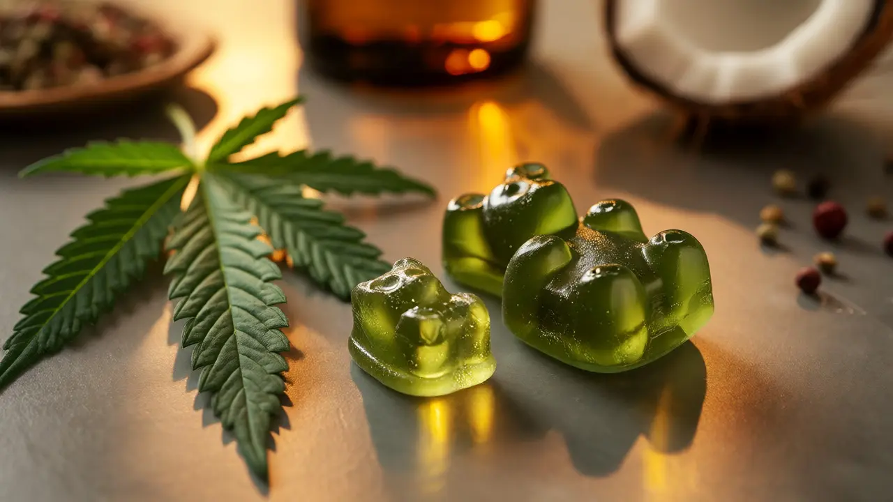 Detailní záběr zelené želatinové medvídka CBD vedle konopného listu.