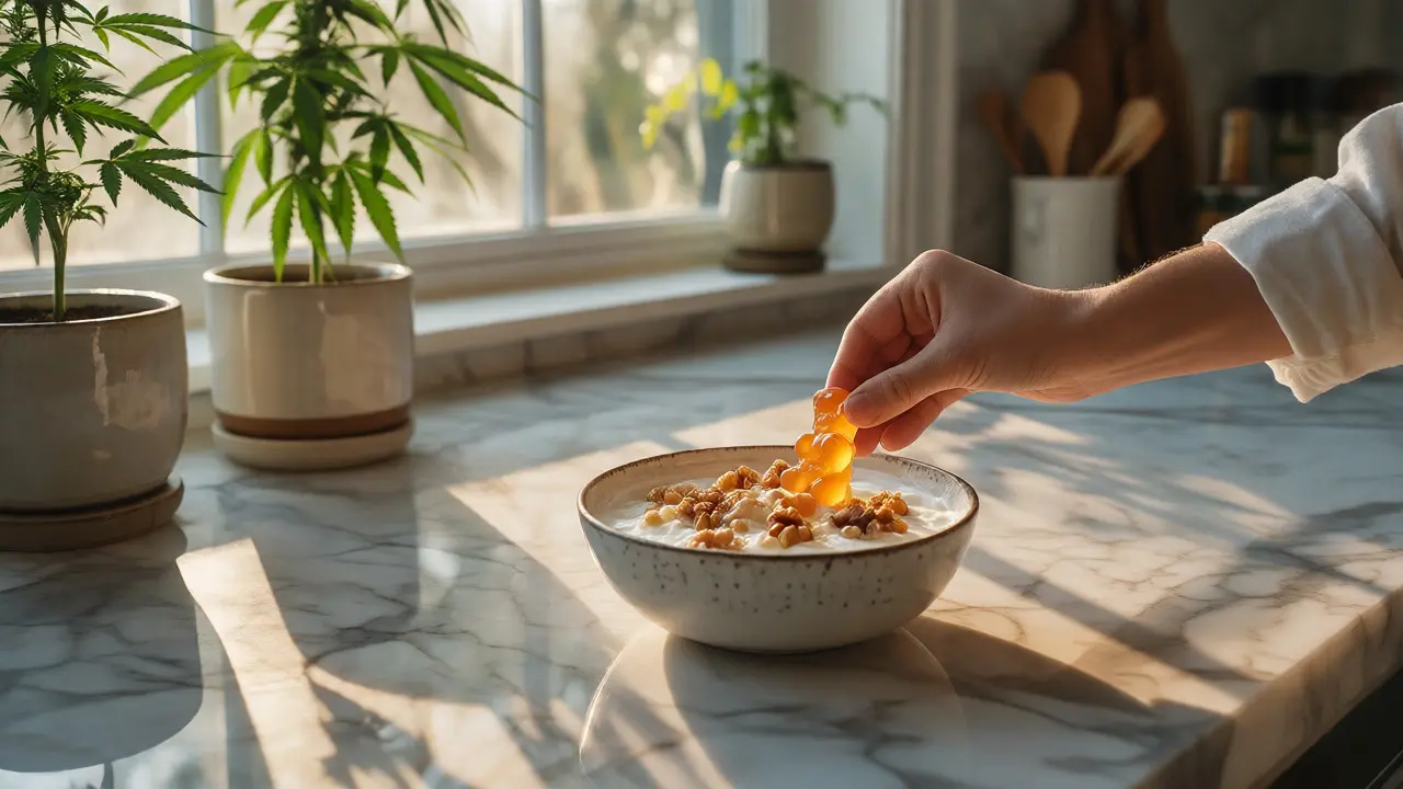 Hand adding a gummy bear to yogurt and nuts on a sunlit kitchen counter.