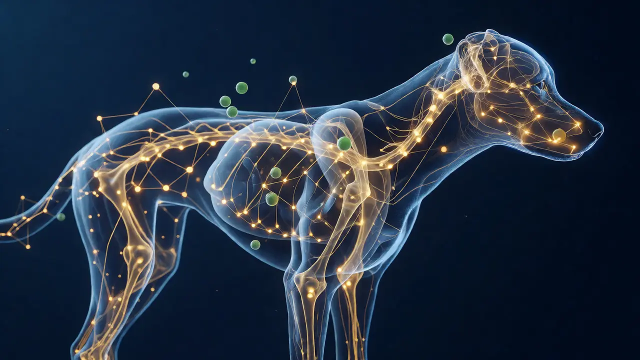 Ilustrace endokanabinoidního systému psa s interagujícími molekulami CBD