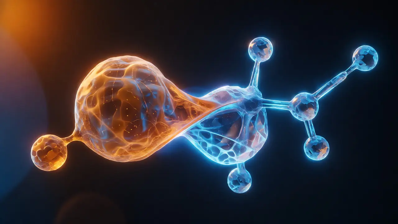 Konceptuální 3D vizualizace synergie molekul H4CBD a myrcenu