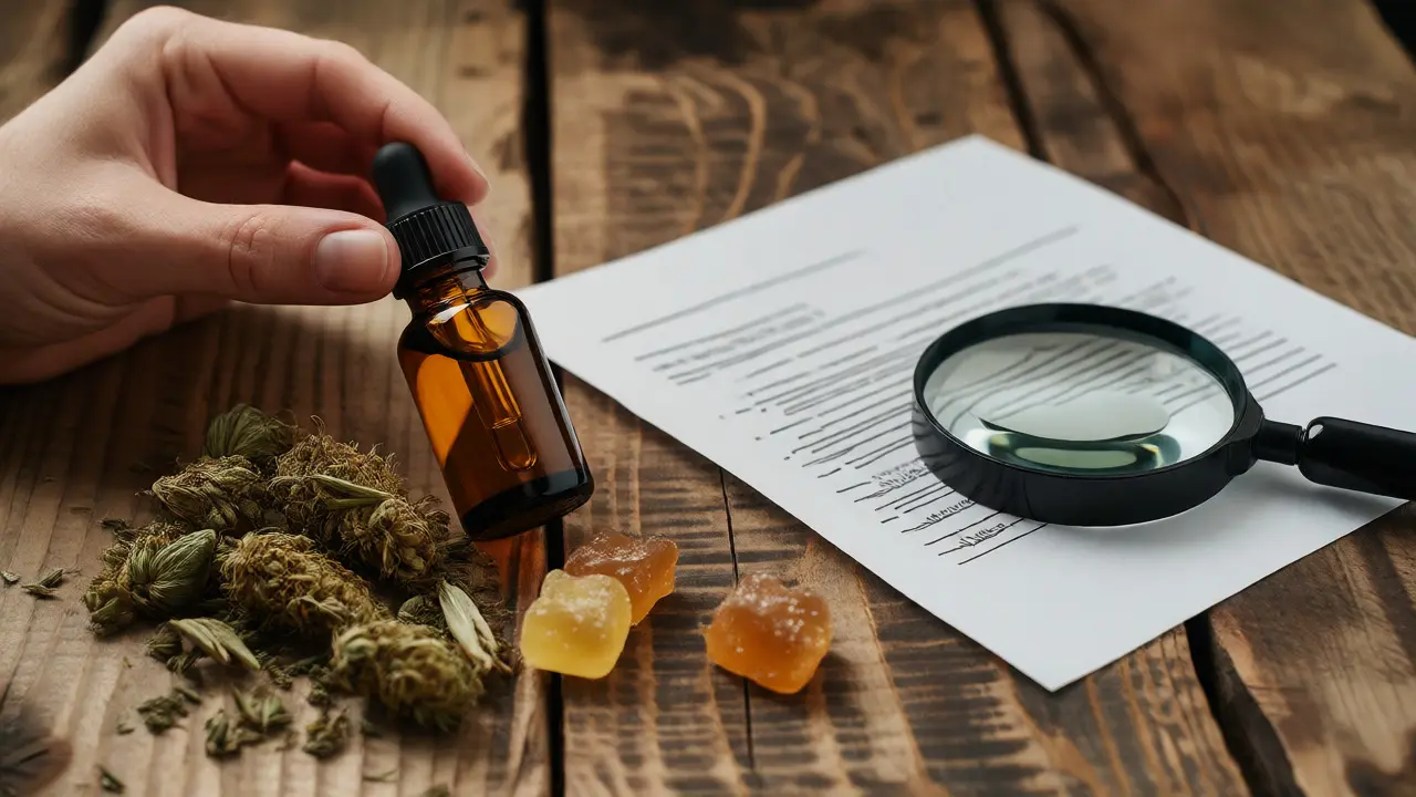 Lahvička CBD oleje, sušené konopí a lupou zkoumaný certifikát kvality.