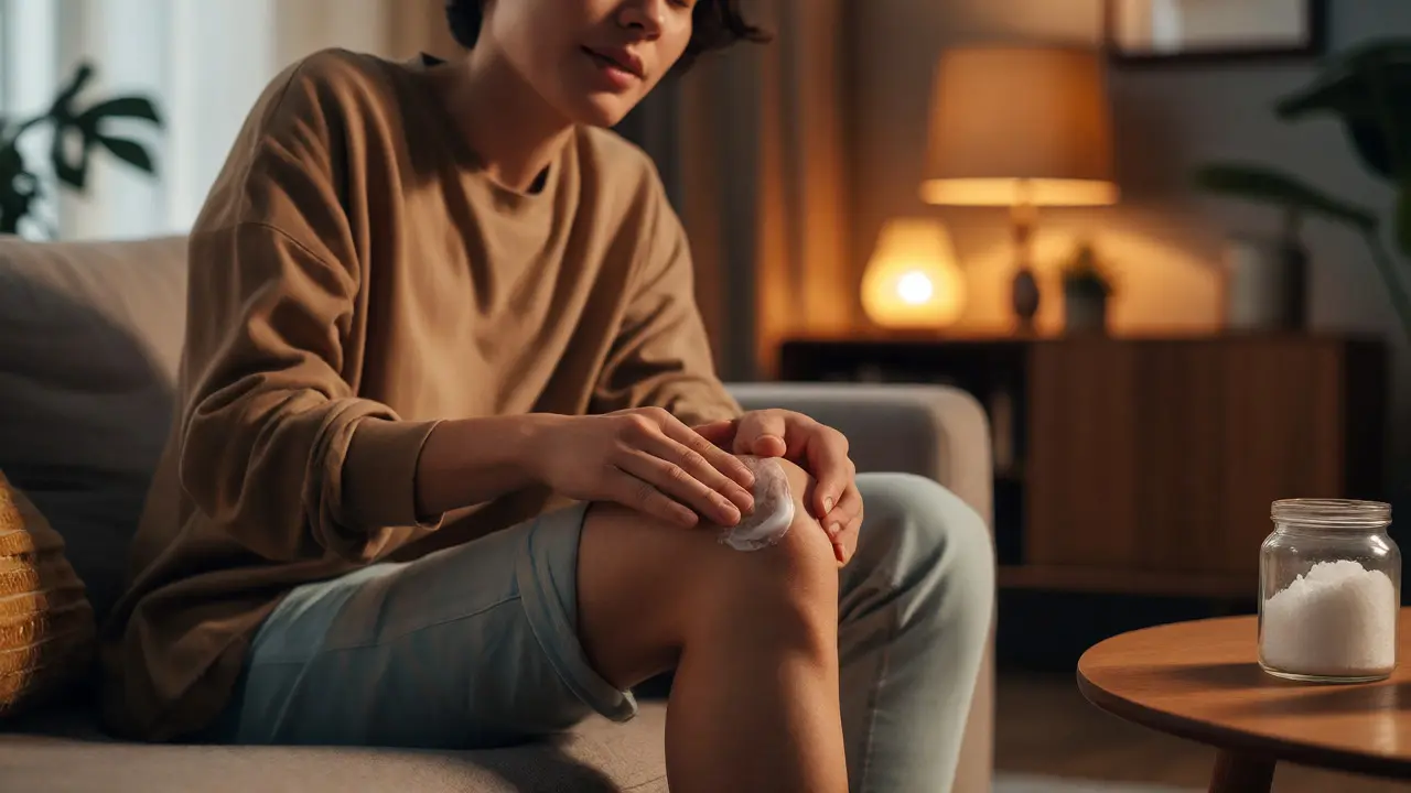 Person applying CBD cream to a knee in a warm, cozy living room setting.
