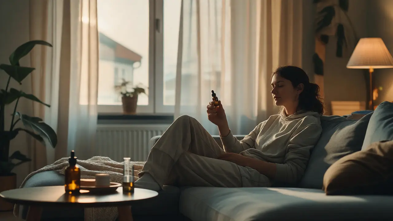 Person relaxing at home with cannabinoid oil, calm evening atmosphere