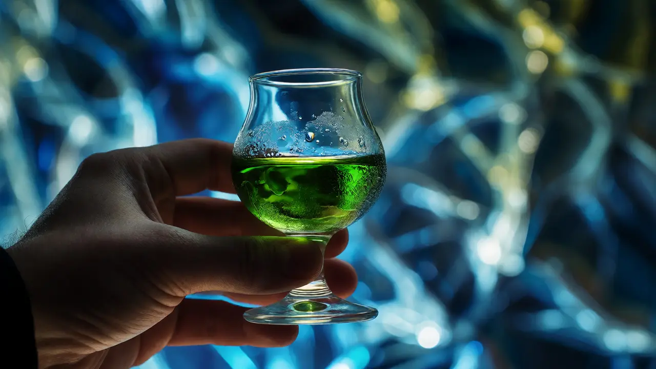 Ruka drží sklenici s jasně zeleným absintem v dramatickém osvětlení.
