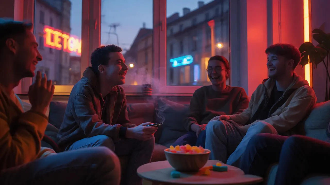 Skupina přátel užívající gummies ve večerním apartmánu