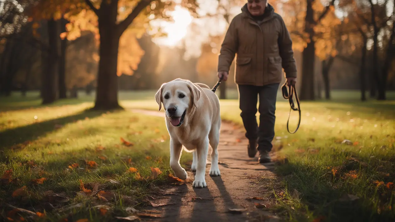 Starší labrador klidně prochází parkem na podzimní sluneční světlo