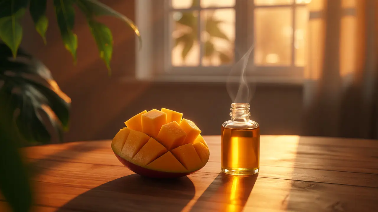 Zralé mango a lahvička oleje v teplém večerním světle