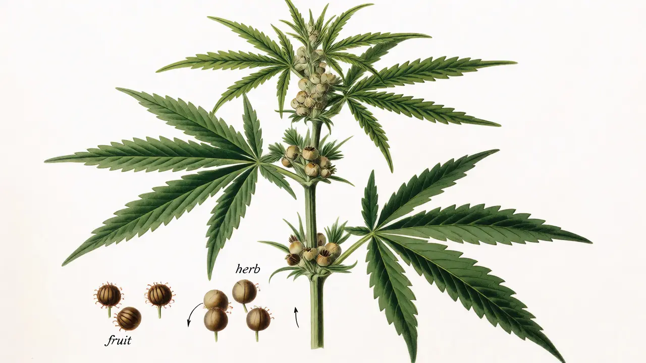 Botanická ilustrace rostliny konopí s vyznačenými částmi